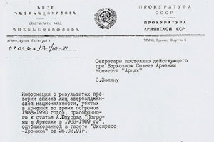 О результатах проверки Прокуратурой Армянской ССР списка Арифа Юнусова