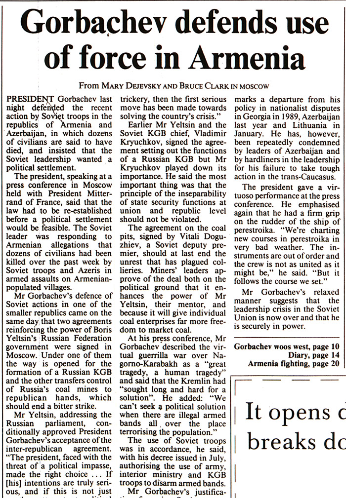 The Times: Gorbachev defends use of force in Armenia