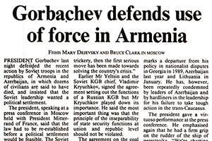 Ring Operation. The Times: Gorbachev defends use of force in Armenia